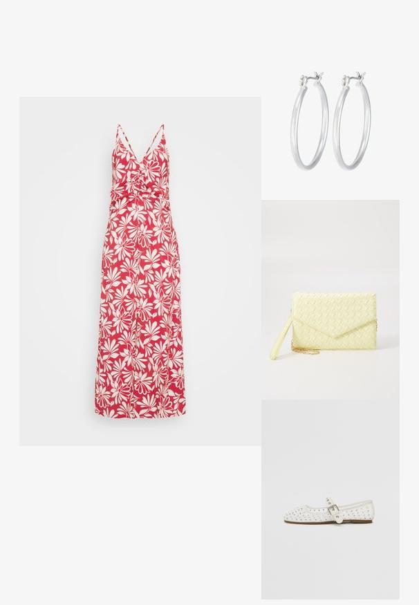 Sarkans ziedu maksi kleita ar V-veida kakla izgriezumu, plānām siksnām un piegulošu augšdaļu. Satur baltus ziedu rakstus un plūstošu svārku dizainu.; Baltas plakans zābaks ar smailu purngalu, rotāts ar sudraba kniedēm, ar sprādzi, kas iet ap potīti, un gaiši brūnu zoli.; Dzeltena austs kabata ar atloku dizainu, noņemamu plaukstas siksnu un zeltītu ķēdes akcentu. Gluda tekstūra un taisnstūra forma.; Sudraba riņķveida auss gredzeni ar gludu, pulētu apdari. Apaļa forma un drošs klikšķa augšējais slēgums. Viegls dizains, kas piemērots ikdienas valkāšanai.