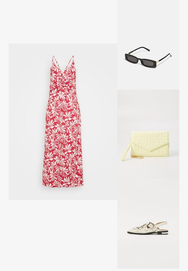 Vestido maxi rojo con escote en V, tirantes finos y un cuerpo ajustado. Presenta patrones de flores blancas y un diseño de falda fluida.; Sandalias slingback de cuero blanco con múltiples correas anchas y hebillas plateadas; suela plana con un pequeño tacón negro y acentos metálicos.; Gafas de sol rectangulares negras con lentes oscuros, montura de plástico brillante y detalles dorados en las patillas. Diseño minimalista y forma elegante.; Cartera de mano tejida amarilla con diseño de solapa, correa de muñeca desmontable y acento de cadena dorada. Textura suave y forma rectangular.