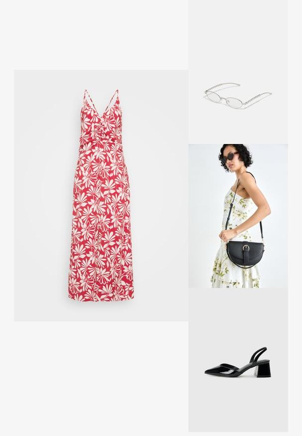 Red floral maxi dress with a V-neckline, thin straps, and a fitted bodice. Features white flower patterns and a flowing skirt design.; Black patent leather slingback heels with a pointed toe and a geometric block heel. Features a sleek, minimal design and smooth texture.; Oval glasses with a metallic silver frame, clear lenses, and textured beaded temple accents. Lightweight design with curved arms.; Black leather handbag with a curved shape, detachable strap, and gold hardware. The bag features a flap with a buckle detail.