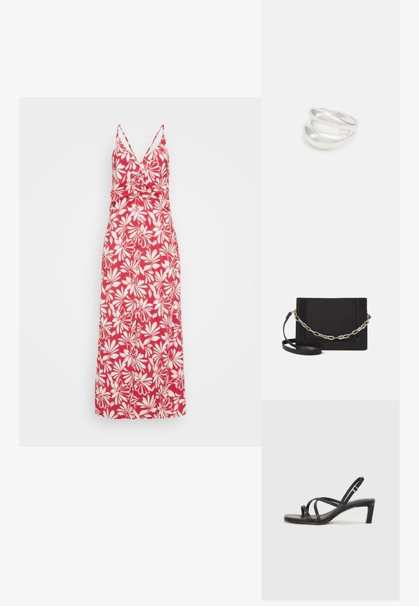 Rotes Maxikleid mit V-Ausschnitt, dünnen Trägern und tailliertem Oberteil. Verfügt über weiße Blumenmuster und ein schwingendes Rockdesign.; Schwarze Sandale mit Riemchen, quadratischer Zehenform und niedrigem Blockabsatz. Verfügt über mehrere dünne Riemen und einen verstellbaren Knöchelriemen. Hergestellt aus glattem Leder.; Schwarze Leder-Crossbody-Tasche mit glatter Textur, rechteckiger Form und metallic-kettendetail auf der Vorderseite. Verstellbarer Gurt inklusive.; Silberner Doppelring mit einer glatten, polierten Oberfläche. Verfügt über ein fließendes, kurviges Design mit überlappenden Abschnitten für einen modernen Look.