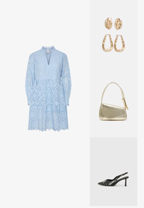 Ανοιχτό μπλε φόρεμα με περίπλοκα μοτίβα κοπής, λαιμόκοψη σε μορφή V, μακριά μανίκια και φούστα με επίπεδα και καμπυλωτές άκρες.; Μαύρο παπούτσι slingback από πατέντο δέρμα με μυτερή μύτη, λουράκια στον αστράγαλο που διαθέτουν ασημένιες αγκράφες και μεταλλικά στοιχεία, και λεπτό τακούνι.; Χρυσή μεταλλική τσάντα χειρός με δομημένο σχέδιο, λεία υφή και ρυθμιζόμενο λουρί. Διαθέτει μοναδικό τριγωνικό σχήμα και μινιμαλιστική ραφή.; Χρυσά σκουλαρίκια με υφή, κυματιστά σχήματα. Περιλαμβάνουν γλυπτικά κλιπ-σε σκουλαρίκια και σχέδιο ανοιχτού σκουλαρικιού με σφυρήλατη επιφάνεια.