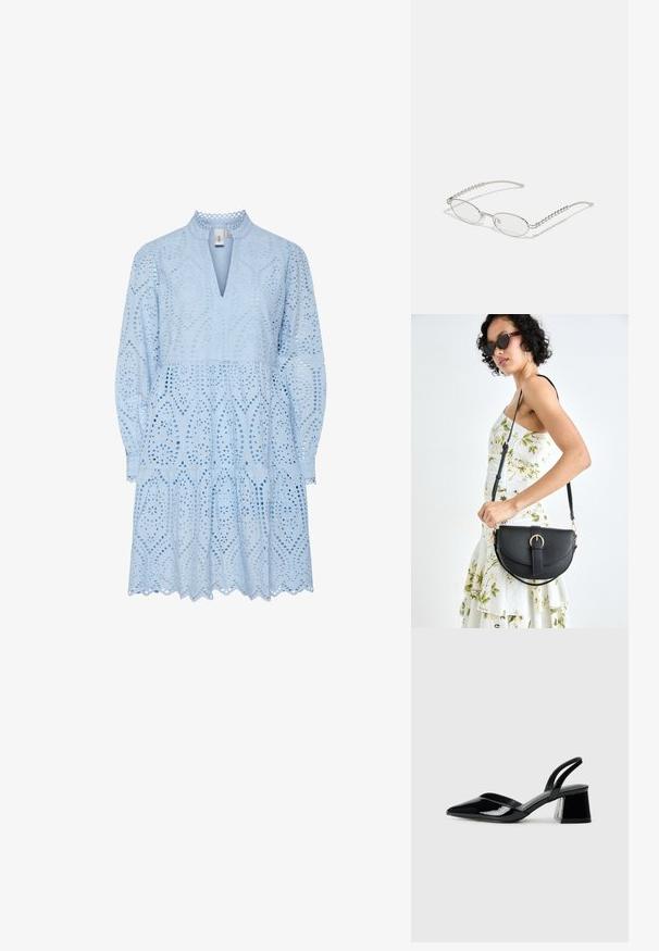 Rochie bleu deschis cu modele intricate decupate, decolteu în formă de V, mâneci lungi și un tiv cu volane îndoite.; Pantofi cu toc slingback din piele lacuită neagră, cu vârf ascuțit și toc geometric. Prezintă un design elegant, minimalist și o textură netedă.; Ochelari ovali cu o ramă metalică argintie, lentile clare și accente texturate cu mărgele pe brațe. Design ușor cu brațe curbate.; Geantă din piele neagră, cu o formă curbată, curea detașabilă și accesorii aurii. Geanta are un capac cu un detaliu tip cataramă.