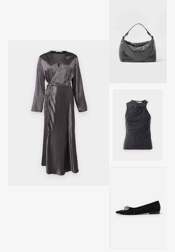 Rochie lungă, de tip wrap, din satin gri închis, cu mâneci lungi, talie legată și o margine ușor evazată pentru o siluetă fluidă.; Top fără mâneci, de culoare gri închis, cu un design răsucit la umăr, realizat dintr-un material neted, cu o formă ajustată și o margine curată.; Pantof negri din suede, cu vârful ascuțit, decorat cu un detaliu de fundiță argintie pe partea din față, având un toc mic.; Geantă de mână neagră și argintie, cu o suprafață texturată împletită, având motive pătrate, o singură mânere superioară și un design lejer.