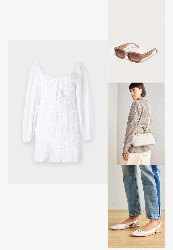 Vestido branco com mangas bufantes longas, corpete pregueado e bainha em camadas com babados. O tecido apresenta detalhes em ilhós, criando uma aparência texturizada.; Sapatilhas slingback de cor rosa pálido com bico fino, feitas de um material semelhante a couro liso. Apresentam detalhes recortados nas laterais e um salto plano.; Óculos de sol retangulares castanhos com lentes degradê, armações grossas e um detalhe do logótipo de lado. Material plástico suave, design minimalista.; Bolsa estruturada branca com alças curtas e uma alça de ombro, com detalhes em hardware dourado e material texturizado, exibida contra um fundo cinza.