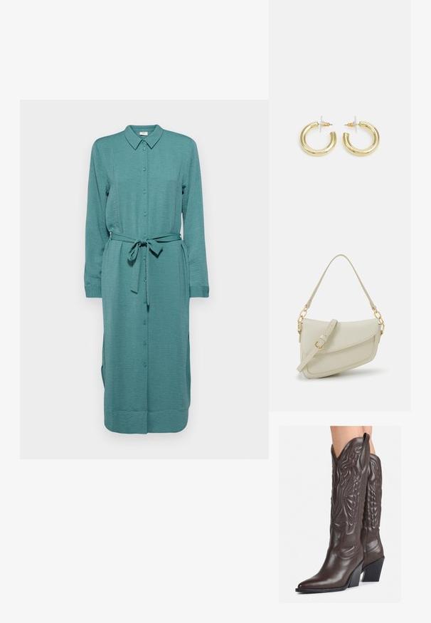 Žalios spalvos marškinėlių suknelė, pagaminta iš tekstūruoto audinio, su apykakle, ilgomis rankovėmis, diržu ir šoninėmis praplatintomis dalimis judėjimui.; Rudos odinės kaubojaus batai su smailiu priekiu ir blokuotu kulnu, pasižymintys detaliu siuvinėjimu ir iškiliais akcentais ant ašies.; Mažas kreminis rankinukas su tekstūruotu paviršiumi, ilga reguliuojama juostele, grandinėle ir užsegimu su atvartu. Aukso detalės.; Aukso auskarai su lygiu, blizgiu paviršiumi. Apvalus dizainas su maža užrakto dalimi ir skaidria atrama saugiam nešiojimui.