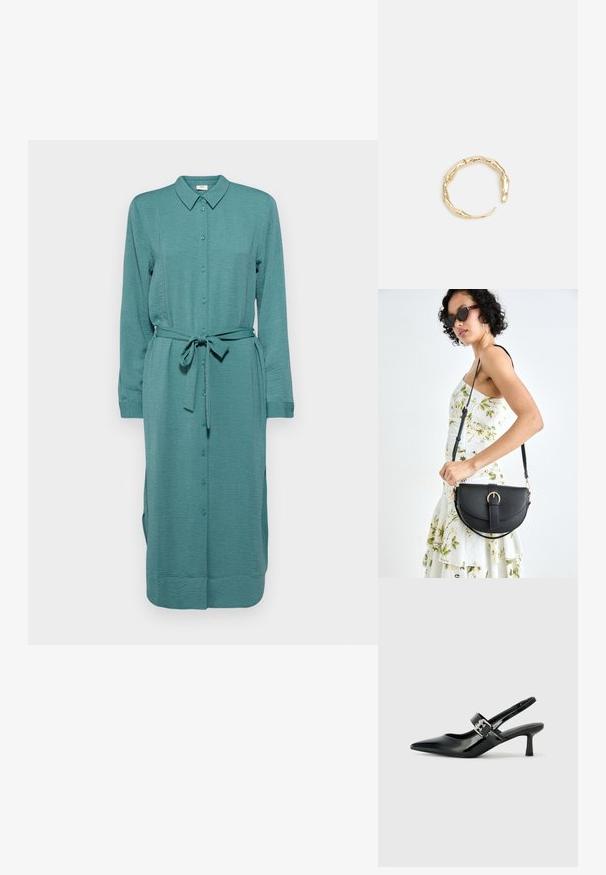 Žalios spalvos marškinėlių suknelė, pagaminta iš tekstūruoto audinio, su apykakle, ilgomis rankovėmis, diržu ir šoninėmis praplatintomis dalimis judėjimui.; Juodai lakuoti slingback aukštakulniai su smailiu kojų pirštu ir mažais blokiniais kulniukais, su sidabro sagtimi ant dirželio.; Juodas odinis krepšys su išlenkta forma, nuimamu dirželiu ir auksiniais detalėmis. Krepšys turi kilpą su sagtimi.; Auksinės spalvos žiedas, turintis organišką, sukimosi dizainą su lygiu paviršiumi ir siaurėjančiais galais, sukuriantis modernią skulptūrinę išvaizdą.