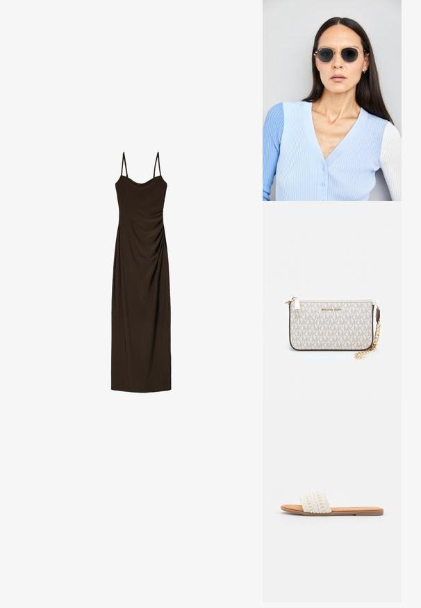 Barna, ujjatlan midi ruha vékony pántokkal, elől redők részlettel, sima, esésű anyagból készült.; Fehér, szőtt, csúszó szandál, fonott textúrával és díszítő gyöngyökkel, sima, barna talppal és lapos, gumitalppal.; Kerek napszemüveg sötét lencsékkel és arany kerettel. A modellen világoskék, bordázott kardigán van gombokkal és kontrasztos fehér ujjaival.; Michael Kors bézs bevonatos vászon karkötő, amely ismétlődő MK logó mintával, aranyszínű fémrészletekkel és levehető lánchordóval rendelkezik.