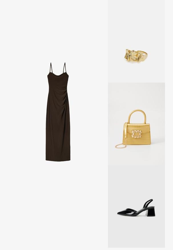 Brązowa, bezrękawnikowa sukienka midi z cienkimi ramiączkami, z marszczonymi detalami z przodu, wykonana z gładkiego, zwiewnego materiału.; Czarne lakierowane półbuty na obcasie z wydłużonym noskiem i geometrycznym słupkiem. Charakteryzują się eleganckim, minimalistycznym designem oraz gładką fakturą.; Żółta torebka z faux-krokodylka o wyrafinowanej konstrukcji, z górnym uchwytem, odpinanym łańcuszkiem oraz dekoracyjnym kryształowym zdobieniem na zapięciu.; Złoty pierścionek o teksturowanym, falistym wzorze z trzema wyraźnymi szczytami. Gładka, błyszcząca powierzchnia z otwartą obrączką dla regulowanego dopasowania.