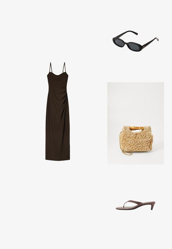 Braunes, ärmelloses Midikleid mit dünnen Trägern, das entlang der Vorderseite mit Raffung versehen ist und aus einem glatten, fließenden Stoff gefertigt wurde.; Braune, mit Absatz versehene Flip-Flop-Sandale mit einem schmalen Riemen und abgerundetem Zehensteg, der ein kleines goldfarbenes Akzent auf dem Fußbett aufweist.; Schwarze, oversized Sonnenbrillen mit ovalen Gläsern, glattem Kunststoffrahmen und goldenen Akzenten an den Bügeln. Die dunklen Gläser bieten Sonnenschutz.; Geflochtene Strohtasche mit Bambusgriffen, ausgestattet mit einem strukturierten Fransen-Design in natürlichem Beige und einem goldenen Kettenriemen.
