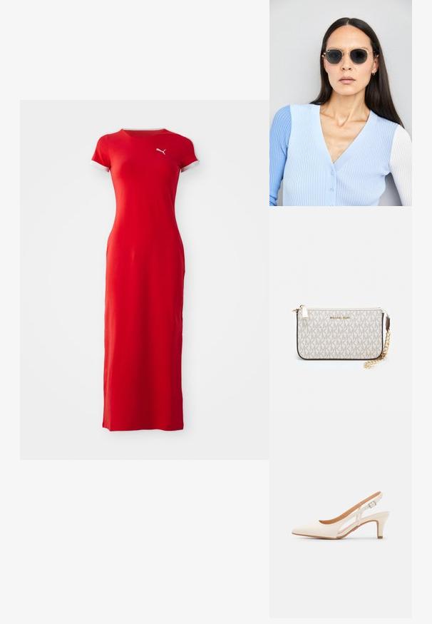 Punainen maksimekko, joka on valmistettu sileästä kankaasta. Lyhyet hihat valkoisella reunuksella. Rinnassa on pieni logo. Istuva malli, lattiaan ulottuva.; Valkoinen slingback-korkokenkä, jossa on terävä kärki, sileä päällismateriaali, matala lohkokorko ja sivuaukko-design säädettävällä soljella.; Pyöreät aurinkolasit, joissa on tummat linssit ja kultaiset kehykset. Mallilla on päällään vaaleansininen, ribatusta materiaalista valmistettu neuletakki, jossa on napit ja kontrastiväriset valkoiset hihat.; Michael Kors kääröbeige pinnoitettua kangasta, jossa on toistuva MK-logo -kuvio, kultaiset yksityiskohdat ja irrotettava ketjuhihna.