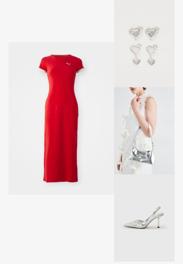 Rotes Maxikleid aus glattem Stoff. Kurze Ärmel mit weißem Besatz. Verfügt über ein kleines Logo auf der Brust. Figurbetontes Design, bodenlang.; Silberner Slingback-High-Heel-Schuh mit spitz zulaufender Zehenpartie, metallic-finish, zwei dekorativen Riemen und einem schlanken Absatz mit schwarzer Spitze.; Silberne metallische Handtasche mit strukturierter Form, ausgestattet mit einem oberen Griff und einer Schleifenapplikation auf der Vorderseite. Glatte Textur, reflektierendes Finish.; Silberne herzförmige Ohrringe mit facettierten klaren Steinen und einem strukturierten Rahmen. Das Set umfasst Stecker- und Anhänger-Stile.