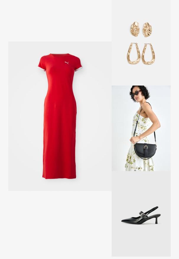 Piros maxi ruha sima anyagból készült. Rövid ujjú, fehér díszítéssel. Egy kis logó található a mellen. Testhezálló fazon, földig érő.; Fekete lakkbőr slingback sarkú cipők hegyes orral és kis blokk talppal, ezüst csat díszítéssel a pánton.; Fekete bőrtáska ívelt formával, levehető pánttal és arany színű fémrészekkel. A táskán egy csattal díszített fedél található.; Aranyszínű fülbevalók, texturált, hullámos formákkal. Tartalmazza a szobrászati klipszes studokat és az open hoop kialakítást, kalapácsos felülettel.
