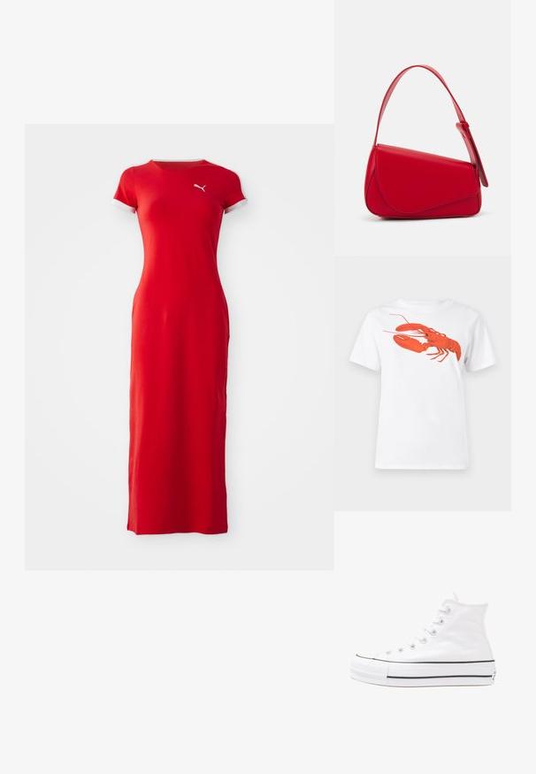 Punane maksikleit sujuvast kangast. Lühikesed varrukad valge äärega. Rinnal on väike logo. Üksikute vormide ja põrandani ulatuv pikkus.; Valge puuvillane T-särk, mille ees on suur erkpunane homaarigraafika. Lühikesed varrukad ja tavaline ümar kaelus.; Valge kõrgem kangast tenniseking, millel on must kummist tald, ees kummist varvasetugi ja kuus aukku paelte jaoks, pakkudes puhta ja minimalistliku disaini.; Punane nahast käekott, millel on nurkadega geomeetriline disain. Omab ühte reguleeritavat rihma ja klappidega sulgemist, millel on õmblustega kaunistused.