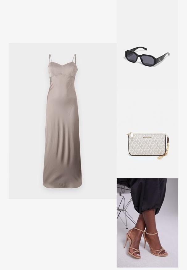 Szatén, világos taupe színű, slip ruha, testhezálló felső résszel és vékony, állítható pántokkal. Padlóhosszan, sima, fénylő textúrával.; Beige színű, kristályokkal díszített magassarkú szandál, nyitott orral, vékony pántokkal és karcsú sziluettal.; Fekete napszemüveg, nyolcszögletű kerettel, sötét lencsékkel, fényes műanyagból készült, és egy ezüst logós kiegészítővel az egyik oldalon.; Michael Kors bézs bevonatos vászon karkötő, amely ismétlődő MK logó mintával, aranyszínű fémrészletekkel és levehető lánchordóval rendelkezik.; Arany fém fülbevalók hullámos mintával; sima, fényes felület; aszimmetrikus forma; látható minták vagy szerelvények nélkül.