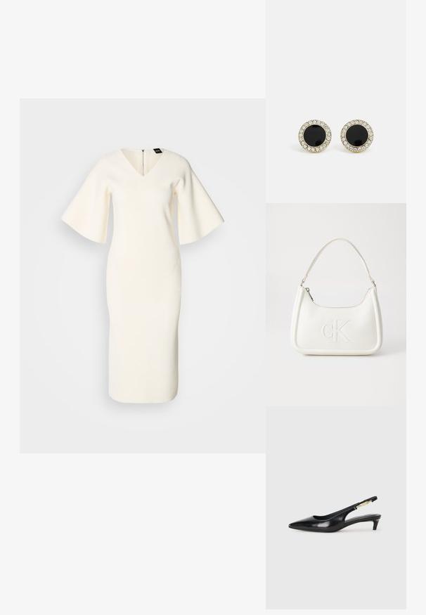 Abito bianco lavorato a maglia con scollo a V, maniche corte a campana, silhouette aderente e dettaglio con zip sul retro. Tessuto liscio e lunghezza al ginocchio.; Tacchi slingback in pelle nera con punta affusolata, caratterizzati da un tacco alto e un accento dorato sulla cinghia regolabile. Texture liscia.; Borsa a tracolla in pelle bianca con forma curva, dotata di un logo "CK" impresso sul davanti e una singola tracolla. Chiusura a zip nella parte superiore.; DKNY INLAY STUD - Orecchini - black/gold-coloured