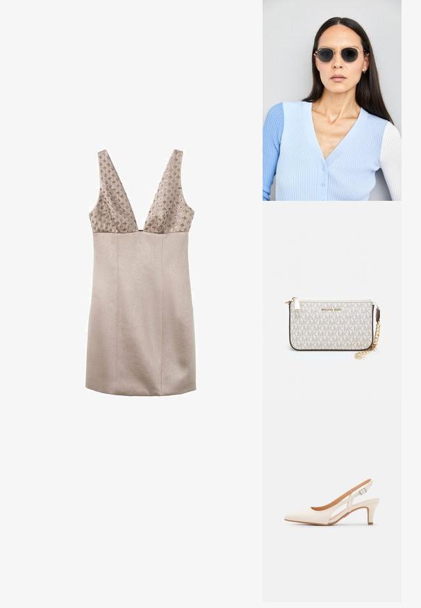 Ärmlös klänning med djup V-ringning, beige texturerad bodice prydd med små detaljer, mjuk flödande kjol, knälång.; Vit slingbackklack med spetsig tå, slät ovandel, låg blockklack och sidoutskärning med justerbar spänne.; Runda solglasögon med mörka linser och guldramar. Modellen bär en ljusblå, ribbad cardigan med knappar och kontrasterande vita ärmar.; Michael Kors handledos i beige belagd kanvas med ett upprepande MK-logomönster, gyllene detaljer och ett avtagbart kedjehandtag.
