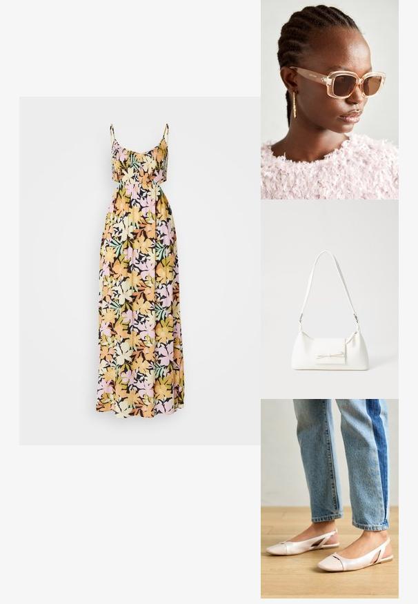 Cvečni maksi oblek s tankimi naramnicami; ima črno osnovo z mnogobarvnimi cvetovi v rumeni, roza in zeleni barvi. Mehka, tekoča tkanina.; Svijetloružičaste slingback balerinke s šiljastim nožnim prstima, napravljene od glatkog materijala nalik koži. Imaju izrezane detalje sa strane i ravne pete.; Bežna oversized sončna očala s prozornim okvirjem in rjavimi lečami, ki imajo subtilne cvetlične poudarke in drzen, geometrijski dizajn.; Bela sintetična torbica v obliki trikotnika, z ravnim sprednjim poklopcem in detajlom mašne, nastavljivim trakom, gladko teksturo in minimalističnim dizajnom.