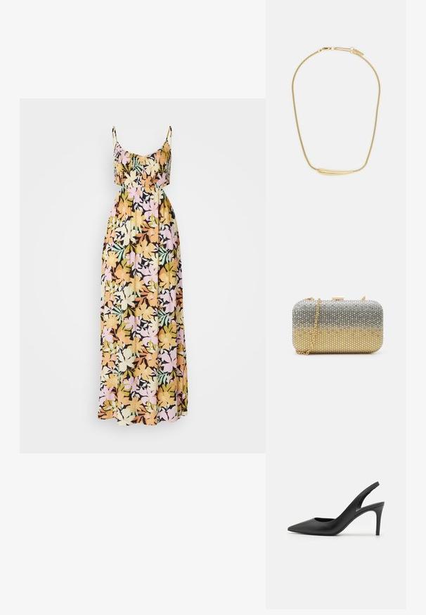 Blomstret maxikjole med tynde stropper; har en sort bund med flerfarvede blomster i gul, pink og grøn. Blødt, flydende stof.; Sorte læder slingback høje hæle med spids tå-design, der har en udskæring fortil og en tynd stiletto-hæl.; Mascara Clutches - gold-coloured/silver-coloured; Guldplateret halskæde med en glat, buet central aksent. Har en fleksibel kæde med en hummerlås og ekstra justerbare kædelinks.