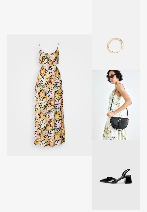 Cvjetna maksi haljina s tankim naramenicama; ima crnu podlogu s višebojnim cvjetovima u žutoj, ružičastoj i zelenoj boji. Mekana, lepršava tkanina.; Crne lakirane kožne sandale s otvorenom petom i špicastim vrhom, s geometrijskom blok petom. Imaju elegantan, minimalistički dizajn i glatku teksturu.; Crna kožna torba s lukovitim oblikom, odvojivim remenom i zlatnim detaljima. Torba ima preklop s kopčom.; Prsten u zlatnoj nijansi s organskim, uvijenim dizajnom, glatkom teksturom i suženim krajevima, koji stvara moderan, skulpturalni izgled.