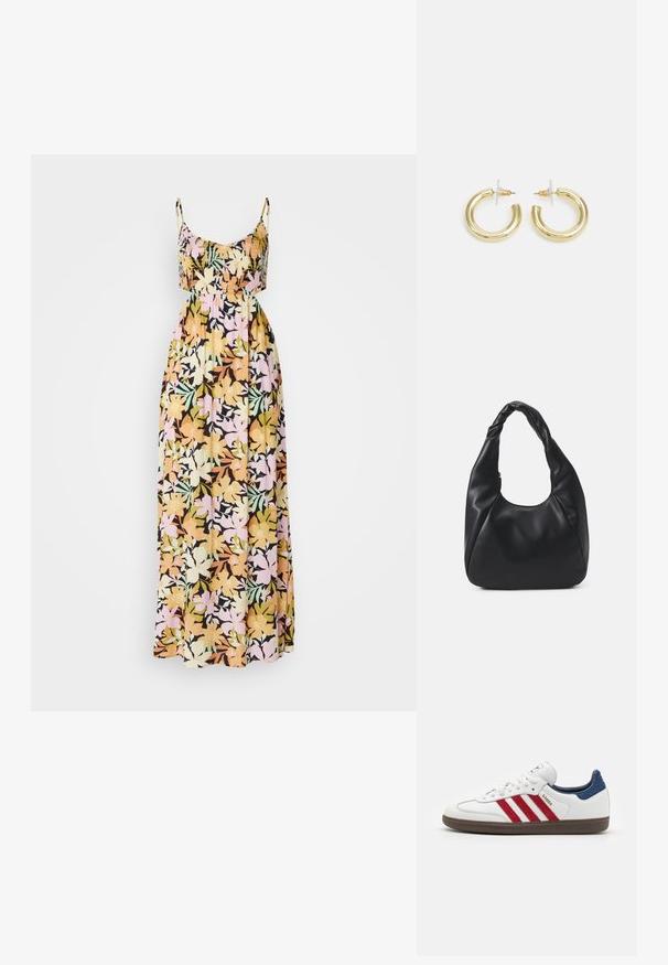 Vestido maxi floral com alças finas; apresenta uma base preta com flores multicoloridas em amarelo, rosa e verde. Tecido suave e fluído.; Sapatilha branca com riscas de camurça vermelha, detalhe do calcanhar em camurça azul e sola de borracha texturizada castanha. Apresenta fecho de atacadores e logotipo.; Saco hobo preto feito de um material semelhante a couro liso, com uma alça torcida, apresentando uma forma suave e arredondada e um fecho superior em zip.; Brincos em argola dourados com um acabamento liso e brilhante. Design circular com um pequeno pino e suporte transparente para um uso seguro.