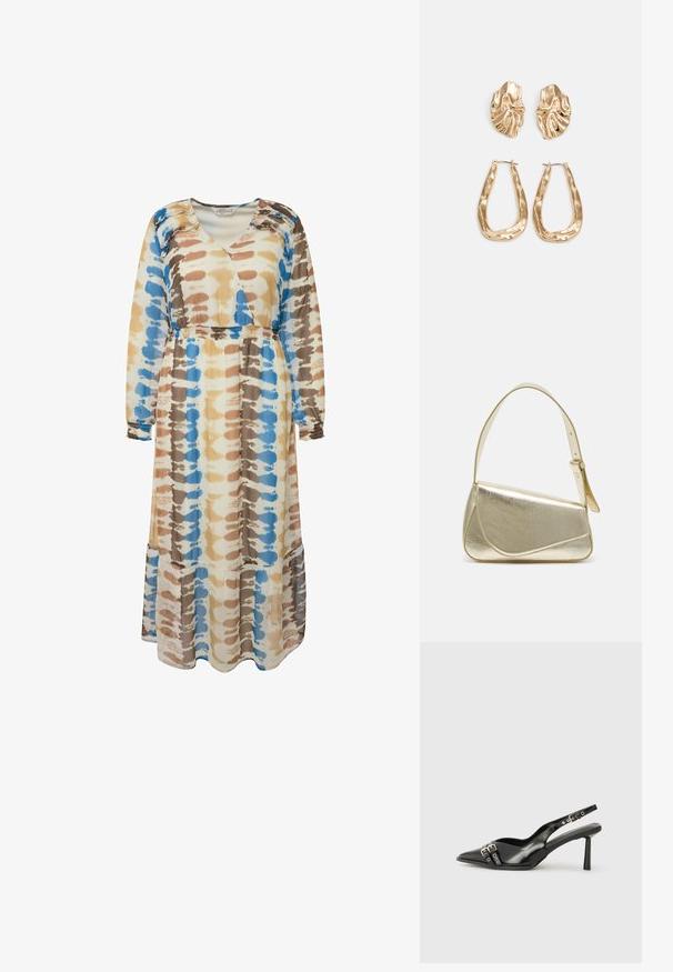 Długa, zwiewna sukienka w wzór tie-dye w niebieskich, brązowych i beżowych kolorach. Wykonana z miękkiego materiału, z długimi rękawami i luźnym krojem.; Czarne lakierowane buty typu slingback z ostrym noskiem, paskami na kostkach z srebrnymi klamrami i elementami metalowymi oraz smukłym obcasem.; Złota metaliczna torebka o strukturalnym designie, gładkiej powierzchni i regulowanym pasku. Charakteryzuje się unikalnym trójkątnym kształtem i minimalistycznym przeszyciem.; Złote kolczyki w odcieniu, prezentujące teksturowane, faliste kształty. Zawierają rzeźbiarskie klipsy i otwarty projekt kółek z młotkowanym wykończeniem.