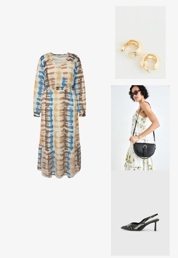 Dlouhá, volná šaty v batikovaném vzoru s modrými, hnědými a béžovými tóny. Vyrobena z jemné tkaniny, s dlouhými rukávy a uvolněným střihem.; Černá lakovaná slingback obuv s špičatou špičkou, kotníkovými pásky s kovovými sponami a příslušenstvím, a štíhlým podpatkem.; Černá kožená kabelka s křivkovým tvarem, odnímatelným popruhem a zlatými detaily. Kabelka má klopu s přezkou.; Zlaté kruhové náušnice s leštěným povrchem, které mají rýhovaný design a zapínání na tyčinku. Kulatý, robustní tvar.