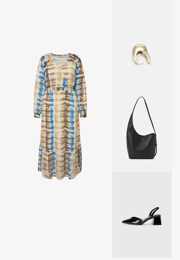 Robe longue et fluide au motif tie-dye, présentant des couleurs bleu, marron et beige. Fabriquée en tissu doux avec des manches longues et une coupe décontractée.; Escarpins en cuir verni noir avec bout pointu et talon bloc géométrique. Présente un design élégant et minimaliste ainsi qu'une texture lisse.; Sac hobo en cuir noir avec une texture lisse, une forme incurvée et une seule sangle réglable ; dispose d'une large ouverture en haut.; Boucle d'oreille en métal doré avec un design élégant et courbé. Présente une forme conique distinctive, une surface polie et une fermeture à charnière.