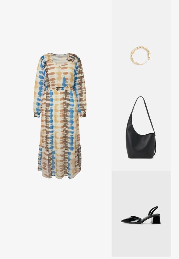 Robe longue et fluide au motif tie-dye, présentant des couleurs bleu, marron et beige. Fabriquée en tissu doux avec des manches longues et une coupe décontractée.; Escarpins en cuir verni noir avec bout pointu et talon bloc géométrique. Présente un design élégant et minimaliste ainsi qu'une texture lisse.; Sac hobo en cuir noir avec une texture lisse, une forme incurvée et une seule sangle réglable ; dispose d'une large ouverture en haut.; Bague en or ornée d'un design organique et torsadé, avec une texture lisse et des extrémités effilées, créant une apparence moderne et sculpturale.