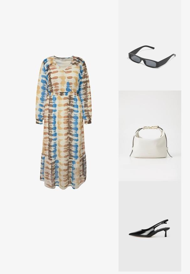 Pitkä, valuva mekko sitoittuvassa väripainannassa, jossa on sininen, ruskea ja beige väri. Valmistettu pehmeästä kankaasta, pitkät hihat ja rento leikkaus.; Mustat patenttimokkaiset slingback-korkokengät, joissa on terävä kärki, ohut korko ja säädettävä solkikiinnitys. Sileä pinta vähäisellä yksityiskohdalla.; Mustat suorakulmaiset aurinkolasit tummilla linsseillä ja paksuilla mattepinnoilla. Varsien malli on hieman kapeneva ja pinta sileä.; Valkoinen nahkainen käsilaukku, jossa on sileä pinta, kaareva muoto, kultaiset yksityiskohdat ja mustat hihnatekniset yksityiskohdat. Edessä on "FURLA"-logo.