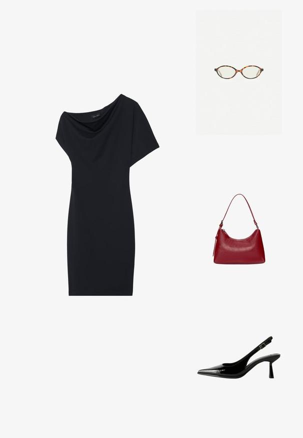 Schwarzes Kleid mit drapiertem Schalkragen, kurzen Ärmeln und taillierter Silhouette. Hergestellt aus glattem Stoff, mit minimalistischem Design.; Schwarze Lackleder Slingback-Pumps mit spitzem Zeh, ausgeschnittenen Seiten, verstellbarem Knöchelriemen und einem dünnen, eleganten Absatz.; Schildpatt-Eyegläser mit ovalen Gläsern und einer eleganten, glatten Oberfläche. Mit dünnen Seiten und einer subtilen Kurve an den Schläfen. Klare Gläser.; Rote Leder-Schultertasche mit einem geschwungenen Design, glatter Textur und einem Reißverschluss. Sie verfügt über einen dünnen Henkel zum Tragen.