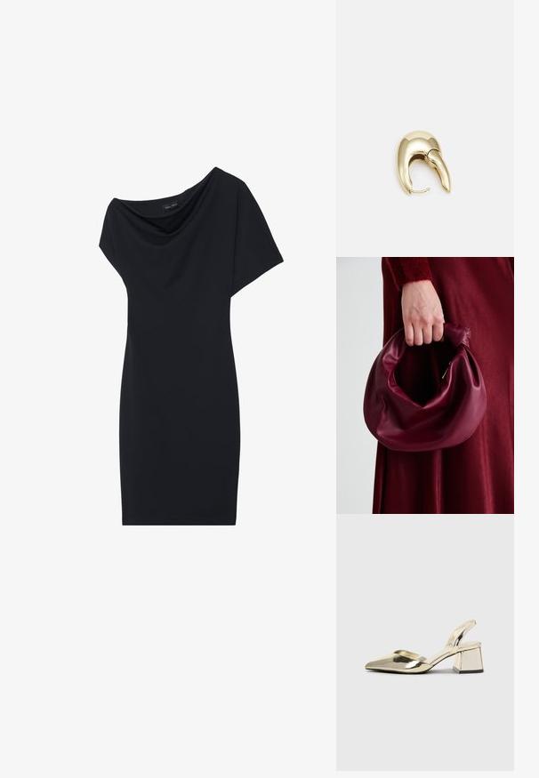 Must mustriga kleit drapeeritud kraega, lühikeste varrukatega ja kitsase siluettiga. Valmistatud siledast kangast, minimalistlikus disainis.; Kuldne, metallilised slingback-kudumid terava varba ja paksu kontsaga. Sile tekstuur, minimalistlik disain ja kitsas rihm.; Burgundia värvi nahk käekott, millel on pehme, kokku tõmmatav disain ja ümar kuju. Käepide on kindlalt kinnitatud, näidates siledaid pindu.; Kuldtooni metallist kõrvarõngas, millel on elegantne ja kaarjas disain. Omab silmapaistvat teravat kuju, poleeritud pinda ja hingesulgemist.