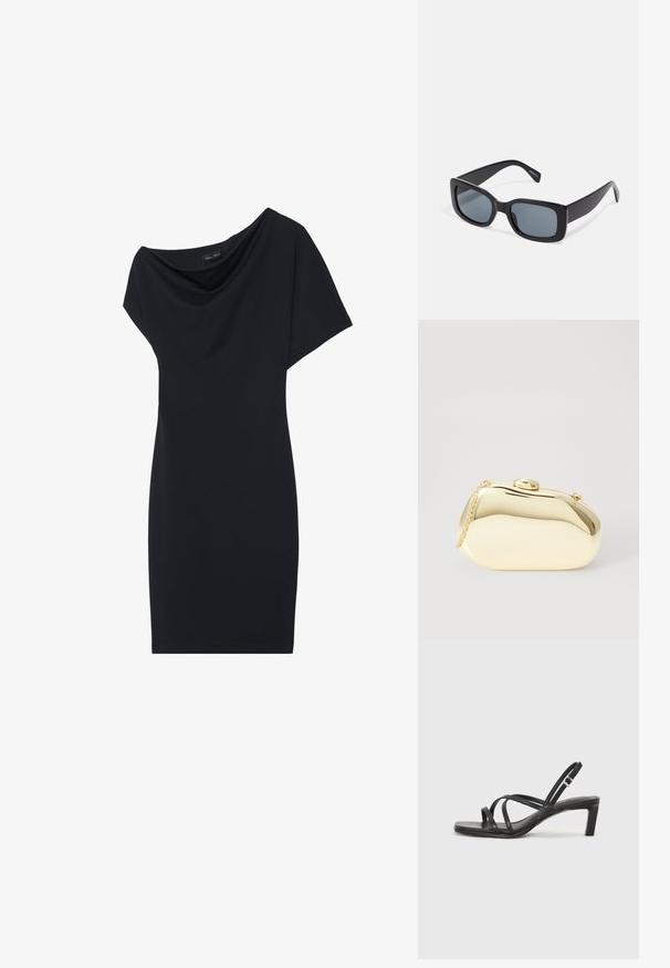 Svart klänning med draperad cowl-hals, korta ärmar och en figurnära silhuett. Tillverkad av ett mjukt tyg med en minimalistisk design.; Svart sandaler med remmar och fyrkantig tå samt låg blockklack. Har flera tunna remmar och en justerbar ankelrem. Tillverkad av mjukt läder.; Svarta rektangulära solglasögon med mörkt tonade linser, tjock plastbåge och breda tempel. Slät yta och vinkelren design.; Metallisk guldclutch med en slät, rund form, som har en knappstängning på toppen och ett litet kedjehandtag för bärande.