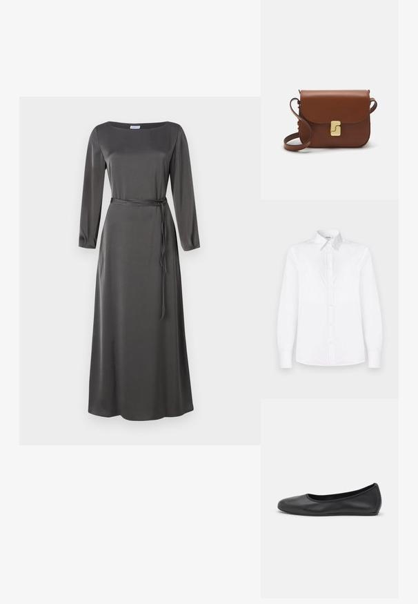 Tmavošedé saténové šaty s dlhým rukávom a štvorcovým výstrihom, s zodpovedajúcim opasok na páse, s dĺžkou až po zem.; Biela košeľa s dlhými rukávmi vyrobená z hladkej látky, s golierom a predným zapínaním na svetloružové gombíky.; Čierne kožené baleríny s okrúhlou špičkou, hladkým povrchom, minimálnym prešívaním a flexibilným dizajnom podrážky.; Hnedá kožená kabelka s klopou, zlatými kovovými prvkami, ramenným popruhom a hladkým povrchom. Kompaktný obdĺžnikový tvar.