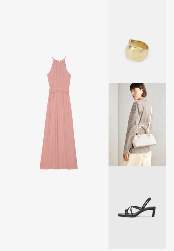 Rozā kleita ar haltera kakla dizainu, plecu izšuvumu un elastīgu jostas vietu. Audums ir gluds, ar plūstošu svārku un viļņotu apakšmalu.; Melnas strappy sandales ar kvadrātveida purngaliem un zemu bloku papēdi. Ievērojamas ar vairākiem plāniem siksniņām un regulējamu potītes siksniņu. Izgatavotas no gludas ādas.; Balta strukturēta roku soma ar īsām rokturiem un plecu siksnu, ar zelta aparatūras akcentiem un strukturētu materiālu, izstādīta uz pelēka fona.; Zelta krāsas gredzens ar gludu, vērptu dizainu. Tam ir pulēta virsma un noapaļotas malas, veidojot nepārtrauktu, plūstošu formu.