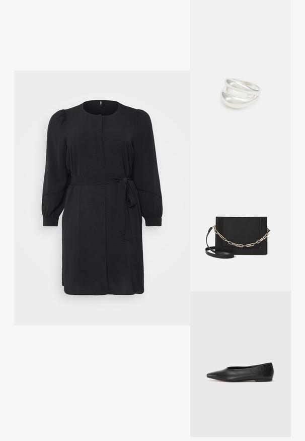 Must mustrükk, mis on valmistatud siledast kangast, nupuga esiosaga, pika puffse varrukaga ja sidumisega vööga, millel on lõdva siluett.; Musthave mustris balletkingad, terav nina, minimaliseeritud disain, sile pind, madal konts, ilma nähtava riistvara või kaunistusteta.; Mustast nahast õlakott, mis omab siledat tekstuuri, ristküliku kuju ning esiküljel metallketi detaili. Reguleeritav rihm on kaasas.; Hõbedane kahekordne rõngas sujuva, poleeritud pinnaga. Omab voolavat, kõverat disaini, millel on kattuvad sektsioonid, et saavutada kaasaegne ilme.