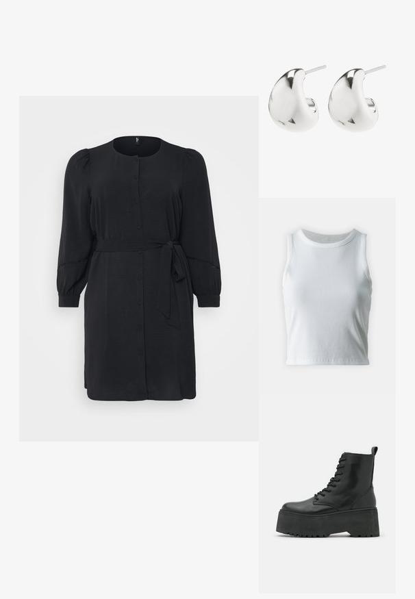 Melnas kleitas, kas izgatavota no gluda auduma, ar pogu aizdari priekšā, garām puffed piedurknēm un saistītas jostas, atslābināts siluets.; Balts ribots topiņš ar apaļu kakla izgriezumu un bez piedurknēm, ar taisnu apakšmalu un gludu, elastīgu struktūru.; Melni potītes zābaki ar masīvu platformu, izgatavoti no gludas ādas, ar šņorēšanas dizainu un cilpu aizmugurē.; Sudraba auskari ar gludu, izliekta dizaina. Tie ir ar pulētu apdari un ir aprīkoti ar aizdari, kas nodrošina drošu valkāšanu.