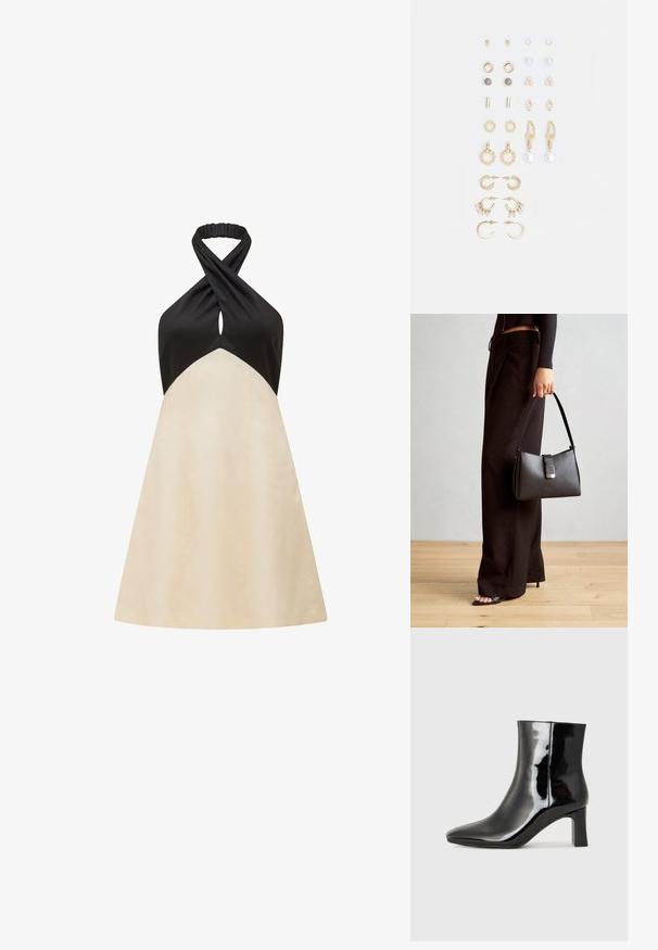 Šaty s halterkou, čierny top a krémová sukňa vo silhouette A, s otočeným dizajnom v oblasti výstrihu a hladkou textúrou.; Čierne lakované členkové topánky s špicatou špičkou a stredne vysokým blokovým podpätkom. Hladká textúra a minimalistický dizajn.; Čierna kabelka so štruktúrovaným tvarom, hladkou textúrou a kovovou sponou. V kombinácii so širokými čiernymi nohavicami a sandálmi s otvorenou špičkou na drevenej podlahe.; Súprava náušníc v zlatom odtieni obsahujúca rôzne dizajny, vrátane puzetových, kruhových a visiacich kúskov s perlami a rhinestones.
