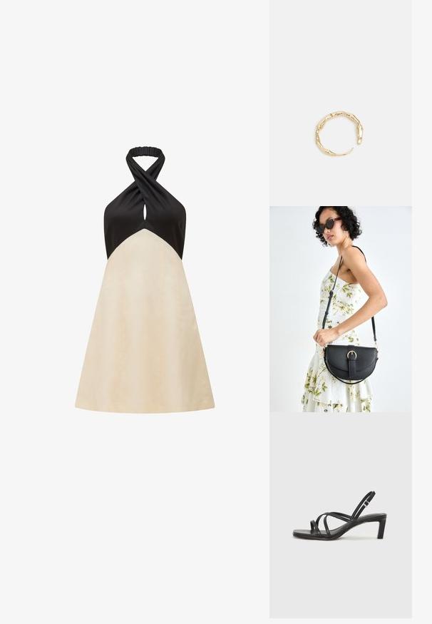 Halterio suknelė su juoda viršutine dalimi ir kreminės spalvos A linijos sijonu, pasižyminti kaklo srityje sukimo dizainu ir lygia tekstūra.; Juodi šlepetės su kvadratiniu pirštu ir žemu bloku kulnu. Yra keli ploni dirželiai ir reguliuojamas kulkšnies diržas. Pagaminti iš lygios odos.; Juodas odinis krepšys su išlenkta forma, nuimamu dirželiu ir auksiniais detalėmis. Krepšys turi kilpą su sagtimi.; Auksinės spalvos žiedas, turintis organišką, sukimosi dizainą su lygiu paviršiumi ir siaurėjančiais galais, sukuriantis modernią skulptūrinę išvaizdą.