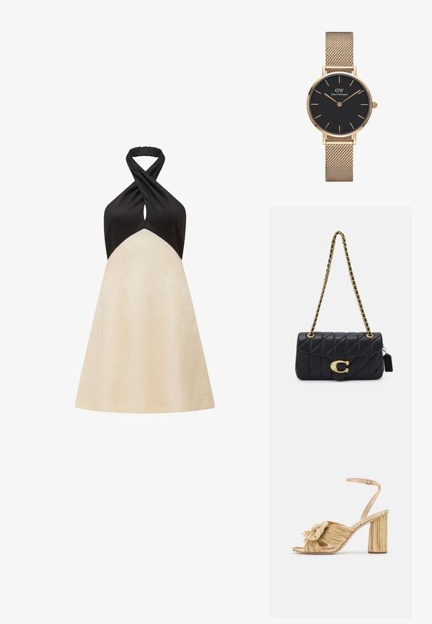 Halter nyakú ruha fekete felsőrésszel és krém színű A-vonalú szoknyával, nyakrészen csavarodott dizájnnal és sima textúrával.; Arany sarkú szandálok, elől megkötve, pliszírozott textúrával és boka pánttal. A blokksarok bordázott mintázattal rendelkezik, amely javítja a tapadást.; Fekete steppelt táska arany lánc pánttal, jellegzetes arany zár mellett és egy kis címkével, amely textúrált bőrfelületet mutat be.; Arany drótháló óraszíj, Daniel Wellington-tól, kerek fekete számlappal, arany órajelekkel és logóval a 12 órás helyzetben. Egyszerű, elegáns dizájn.