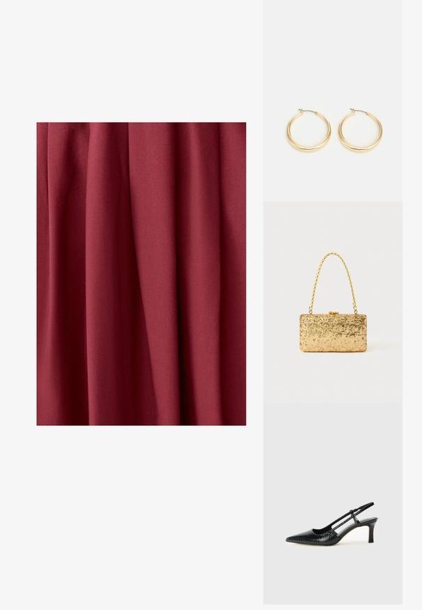 Tessuto bordeaux che mostra una morbida texture e drappeggio, con pieghe che creano profondità e movimento in tutta la superficie del materiale.; Slingback con tacco in vernice nera con punta affusolata, caratterizzato da una stampa a serpente testurizzata, cinturino regolabile e un tacco corto e testurizzato.; Clutch oro in paillettes con forma rettangolare, dotata di una maniglia in catena attorcigliata e una chiusura a scatto in metallo, che riflette la luce con una finitura testurizzata.; Orecchini a cerchio in tono oro con un design morbido e arrotondato, dotati di una chiusura a filo sottile e una finitura lucida per un aspetto brillante.