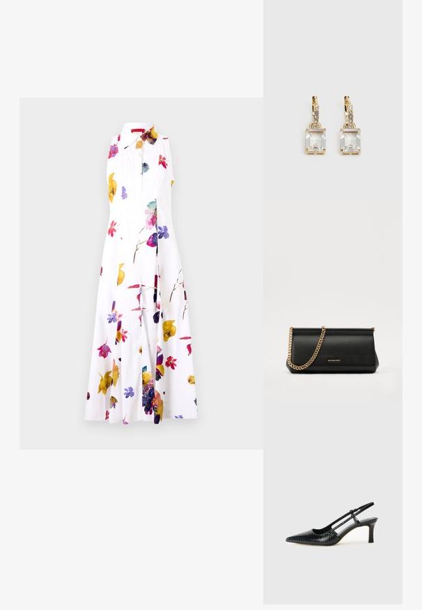 MAX&Co. ERNEST - Särkkleit - ivory; Mustmust paelad, millel on terav varvas, tekstuuriga maduprindiga, reguleeritav rihm ja lühike tekstuuriga plokknina.; Mustast nahast klamberkott kuldse kettrihmaga, millel on sile tekstuur, ristkülikuline kuju ja esiküljel reljeefne brändingu märk.; Kuldtooni kõrvarõngad, millel on ristkülikukujuline, selge kristall, mis ripub allapoole väikeste ümmarguste selgete aktsentide rida. Viimistletud, kaasaegne disain.