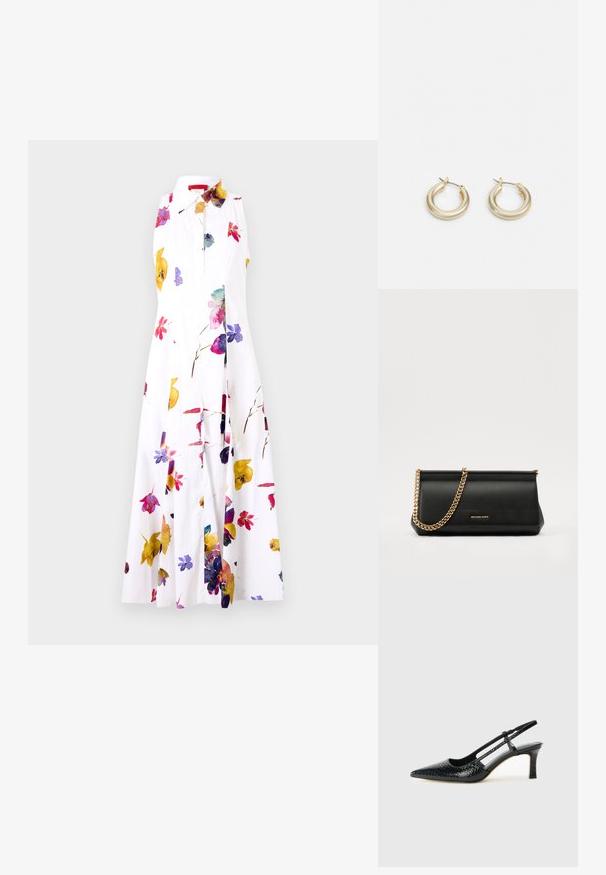 MAX&Co. ERNEST - Blusenkleid - ivory; Schwarze Lack-Slingback-Pumps mit spitzem Zehenbereich, versehen mit strukturiertem Schlangenprint, verstellbarem Riemen und einem kurzen, strukturierten Blockabsatz.; Schwarze Leder-Clutch mit einer goldenen Ketten-Trage, die eine glatte Oberfläche, rechteckige Form und geprägtes Branding auf der Vorderseite aufweist.; Lauren Ralph Lauren BASIC SMALL HOOP - Ohrringe - gold-coloured