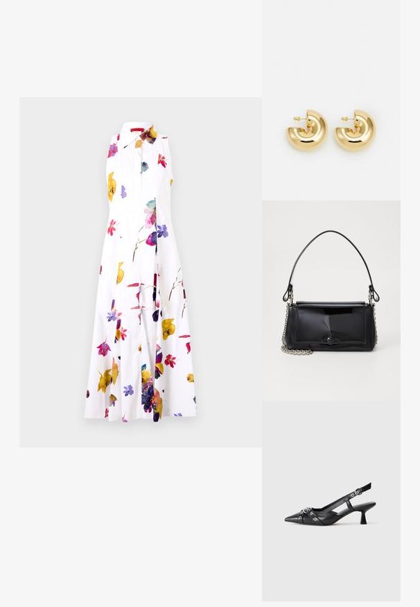 MAX&Co. ERNEST - Marškininė suknelė - ivory; Juodas odinis slingback tipo batai su smailiu priekiniu atvartu, dekoratyvinėmis sagtimis su metaliniais akyčiais ir žemu blokiniu kulnu. Saldus paviršius.; Juodas lakinės odos rankinės ilgis stačiakampis, su grandinėlės dirželiu ir išskirtiniu metaliniu akcentu centre. Lygus paviršius.; Aukso tono metalinės auskarų kilpos su blizgiais, kreivais dizainais. Pristatomi pusmėnulio forma su lygiomis paviršiais ir uždarymu ant smeigtuko.