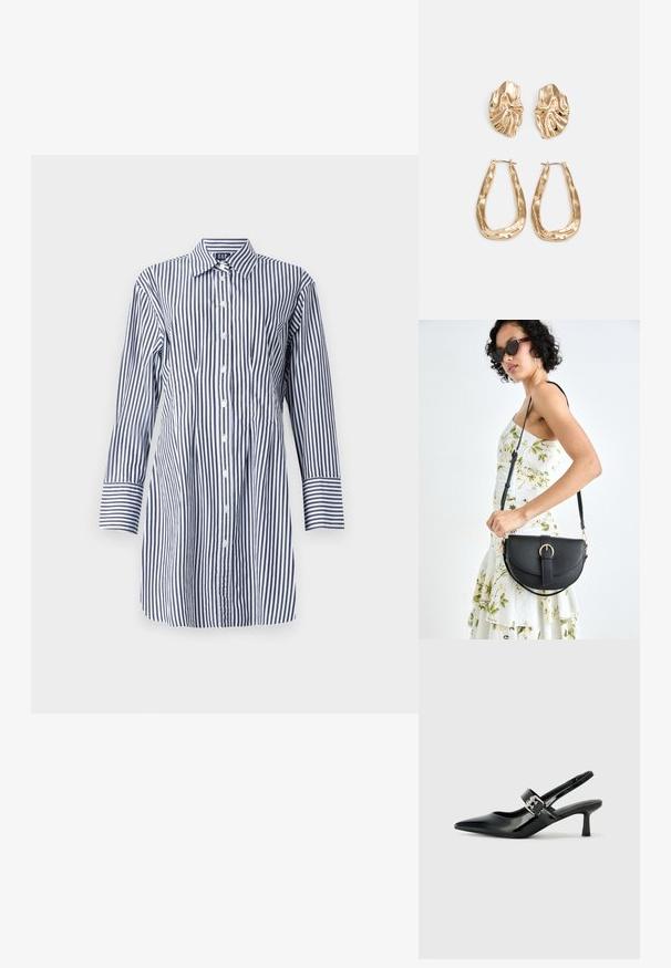 Prugasta košulja s dugim rukavima, s vertikalnim plavim i bijelim prugama, dugmadima sprijeda i klasičnom kragnom. Glatka tkanina s laganim sjajem.; Crne lakirane slingback potpetice s oštrim prstom i malom blok petom, s naglaskom na srebrnoj kopči na remenu.; Crna kožna torba s lukovitim oblikom, odvojivim remenom i zlatnim detaljima. Torba ima preklop s kopčom.; Naušnice zlatne boje s teksturiranim, valovitim oblicima. Uključuju skulpturalne kopče i dizajn otvorene kružnice s kovanom završnom obradom.