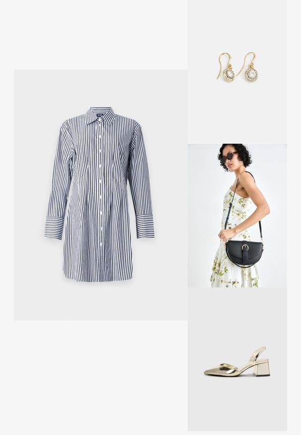 Pruhovaná košile s dlouhými rukávy, s vertikálními modro-bílými pruhy, knoflíkovým zapínáním a klasickým límcem. Hladká látka s mírným leskem.; Kovové zlaté pantofle na podpatku s špičatou špičkou a masivním podpatkem. Hladký povrch, minimalisticý design a úzký pásek.; Černá kožená kabelka s křivkovým tvarem, odnímatelným popruhem a zlatými detaily. Kabelka má klopu s přezkou.; Náušnice ve zlatém tónu s oválnými průhlednými krystaly obklopenými menšími průhlednými kameny, se zapínáním na háček pro bezpečné nošení.