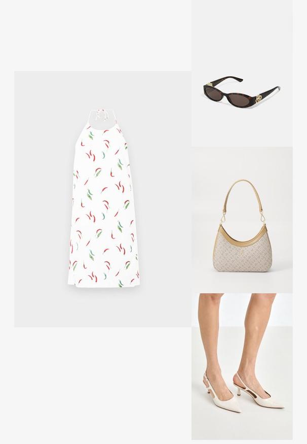 Halterneck-Kleid aus einem weißen Stoff, der mit einem verstreuten Muster von roten und grünen Chilischoten verziert ist. Glatte Textur, lockere Passform.; Beige Lackleder Slingback-Absätze mit spitzem Fuß und 5 cm Absatz, mit ausgeschnittenen Seiten und einem schmalen Knöchelriemen.; Schildpatt-Sonnenbrille mit länglich-ovalen Gläsern, braunem Farbton, goldenen Logo-Akzenten an den Bügeln und schlanken schwarzen Bügeln.; Beige gemusterte Handtasche mit geschwungener Form, Lederakzenten und einem goldfarbenen Logo auf der Vorderseite. Verfügt über einen kurzen Griff für einfaches Tragen.