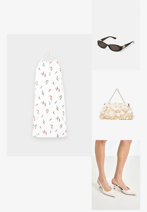 Halterneck-Kleid aus einem weißen Stoff, der mit einem verstreuten Muster von roten und grünen Chilischoten verziert ist. Glatte Textur, lockere Passform.; Beige Lackleder Slingback-Absätze mit spitzem Fuß und 5 cm Absatz, mit ausgeschnittenen Seiten und einem schmalen Knöchelriemen.; Schildpatt-Sonnenbrille mit länglich-ovalen Gläsern, braunem Farbton, goldenen Logo-Akzenten an den Bügeln und schlanken schwarzen Bügeln.; Weißes Blumenhandtasche mit einer gerafften Stoffoberfläche, goldfarbener Kettenriemen und metallischem Verschluss. Mit strukturierten Blütenblättern für zusätzliche Details.