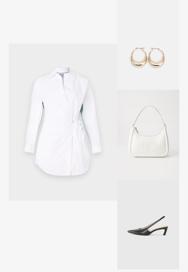 Bílé dlouhé rukávy s překládaným designem, s límečkem, bočními vázáním a kontrastními modrými akcenty na rukávech. Hladká, lehká tkanina.; Černý špičatý slingback s nízkým podpatkem, vyrobený z hladké kůže, s výřezem na boku pro lepší prodyšnost.; Bílá kožená kabelka s křivkovým tvarem, na přední straně s vyraženým logem "CK" a jediným ramenním popruhem. Zipový uzávěr na vrchu.; Náušnice ve tvaru kroužku zlaté barvy s půlměsícovým tvarem, lesklým povrchem a závěrečným uzávěrem. Hladká textura a reflexní povrch zvyšují viditelnost.