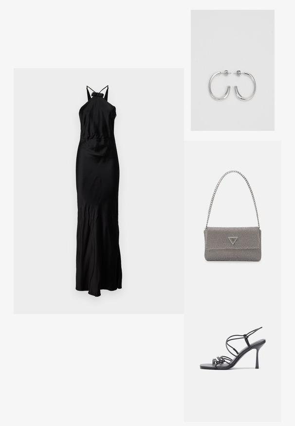 Μαύρο σατέν βραδινό φόρεμα με λαιμό HALTER και λεπτομέρεια φιόγκου στον λαιμό, εφαρμοστό μπούστο και μακριά ρέουσα φούστα.; Μαύρες ψηλοτάκουνες σανδάλες με λεπτές λωρίδες και σχέδιο με κόμπους, λείο τετράγωνο μπροστινό μέρος και κομψό τακούνι στιλέτο.; Ανοικτό γκρι μεταλλική τσάντα χειρός με αλυσίδα, διακοσμημένη με μικρούς κυκλικούς μεταλλικούς στύλους και ένα τριγωνικό λογότυπο της μάρκας.; Ασημένια σκουλαρίκια κρίκοι με λεία, λαμπερή φινίρισμα. Στρογγυλό σχήμα, ελαφρύ σχέδιο, με κλείσιμο τύπου πίσω.