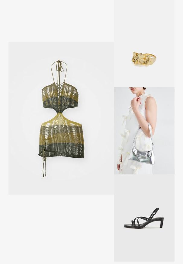 Žalias oliivinės spalvos ir geltonas megztas trumpas sijonas, su V formos iškirpte, atvira nugara ir pintomis užrišimo detalėmis. Pagamintas iš lengvos siūlų su tekstūriniu raštu.; Juodi šlepetės su kvadratiniu pirštu ir žemu bloku kulnu. Yra keli ploni dirželiai ir reguliuojamas kulkšnies diržas. Pagaminti iš lygios odos.; Sidabrinė metalinė rankinė su struktūrizuota forma, turinti viršutinę rankeną ir kaspiną priekyje. Lygi tekstūra, atspindinti apdaila.; Aukso žiedas su tekstūruotu, banguotu dizainu, turintis tris iškilias viršūnes. Lygus, blizgus paviršius su atviromis juostelėmis, leidžiančiomis reguliuoti dydį.